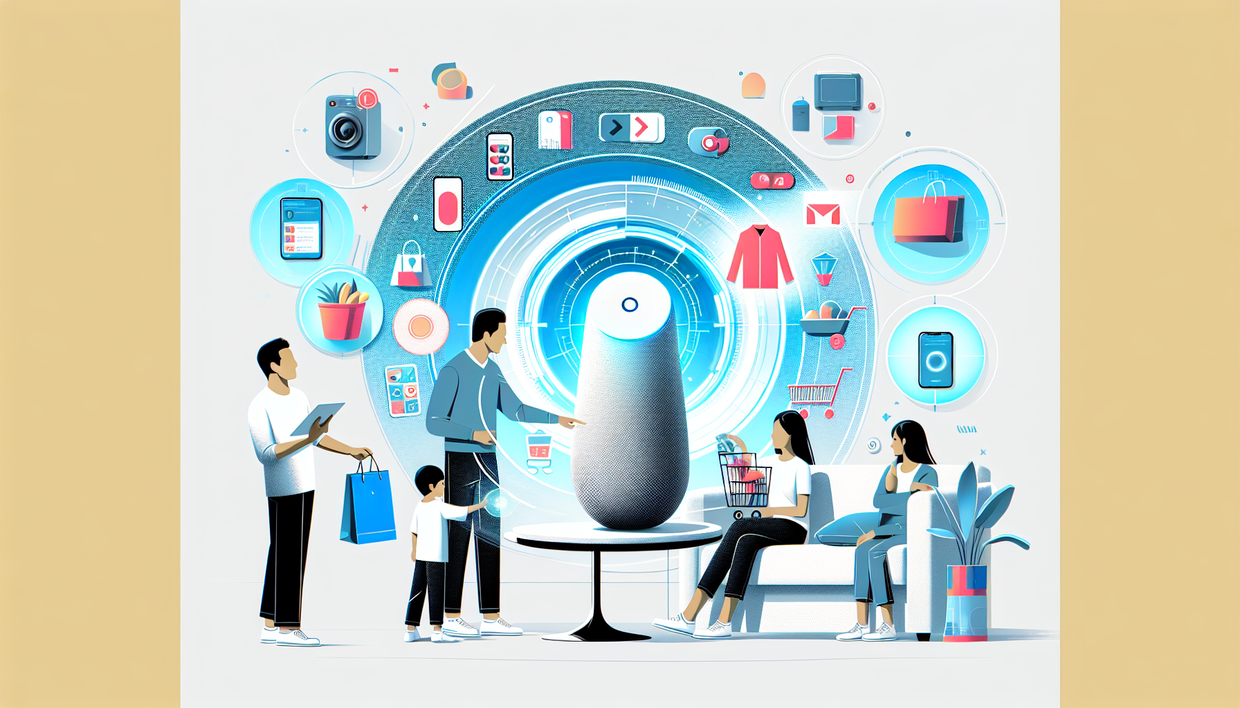 A family using a smart speaker to browse and shop online